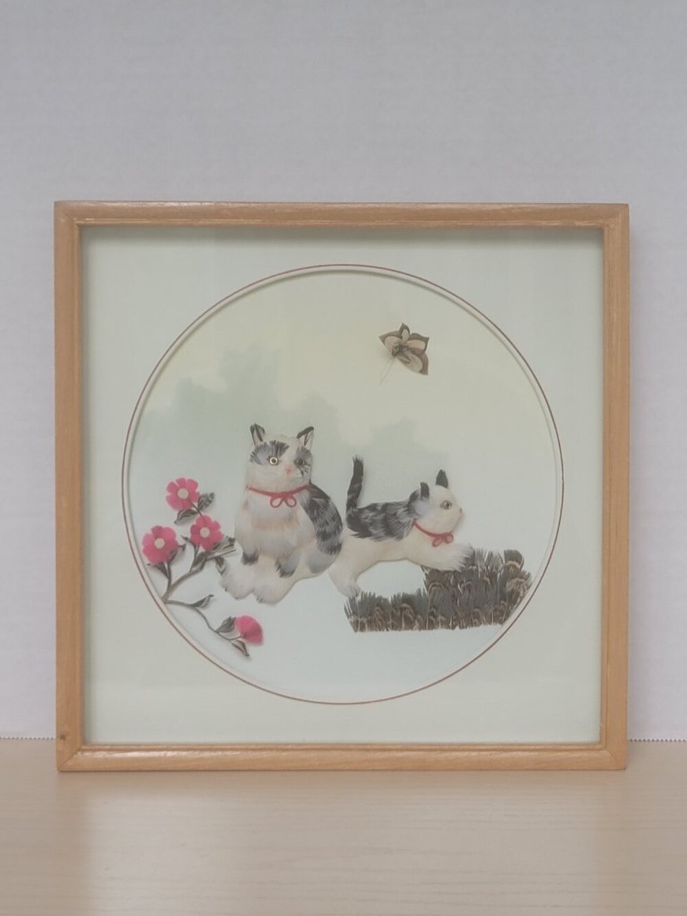 Vintage Chinese 3D Kittens Cat Flowers Feather Art Mid Century Shadow Box Frame